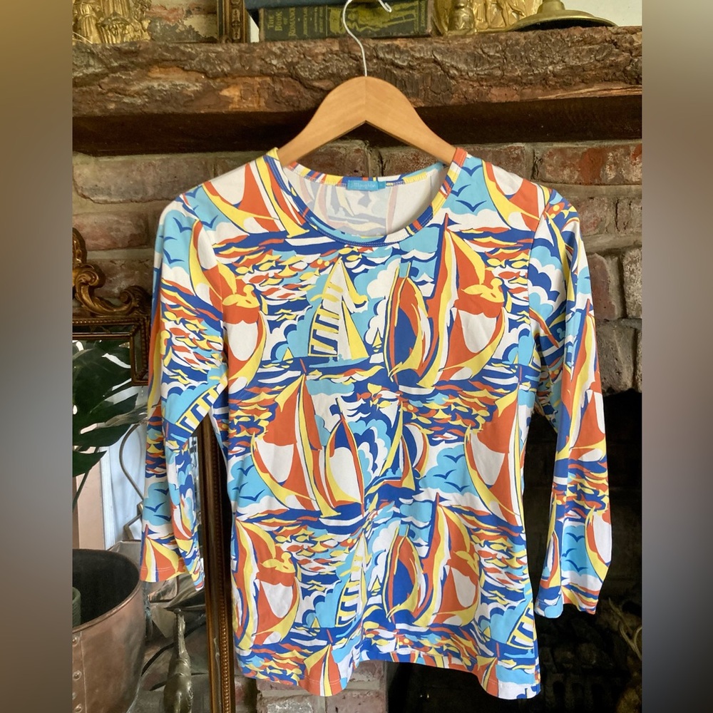 J. McLaughlin Catalina Cloth Nautical Top Sailboat Wave Fish Coastal Preppy